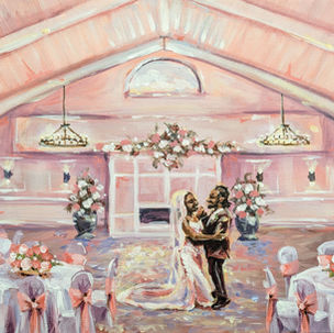 Wedding couple dancing, live painting of a romantic indoor decorated venue.