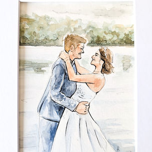 Watercolor painting of a newlywed couple embracing