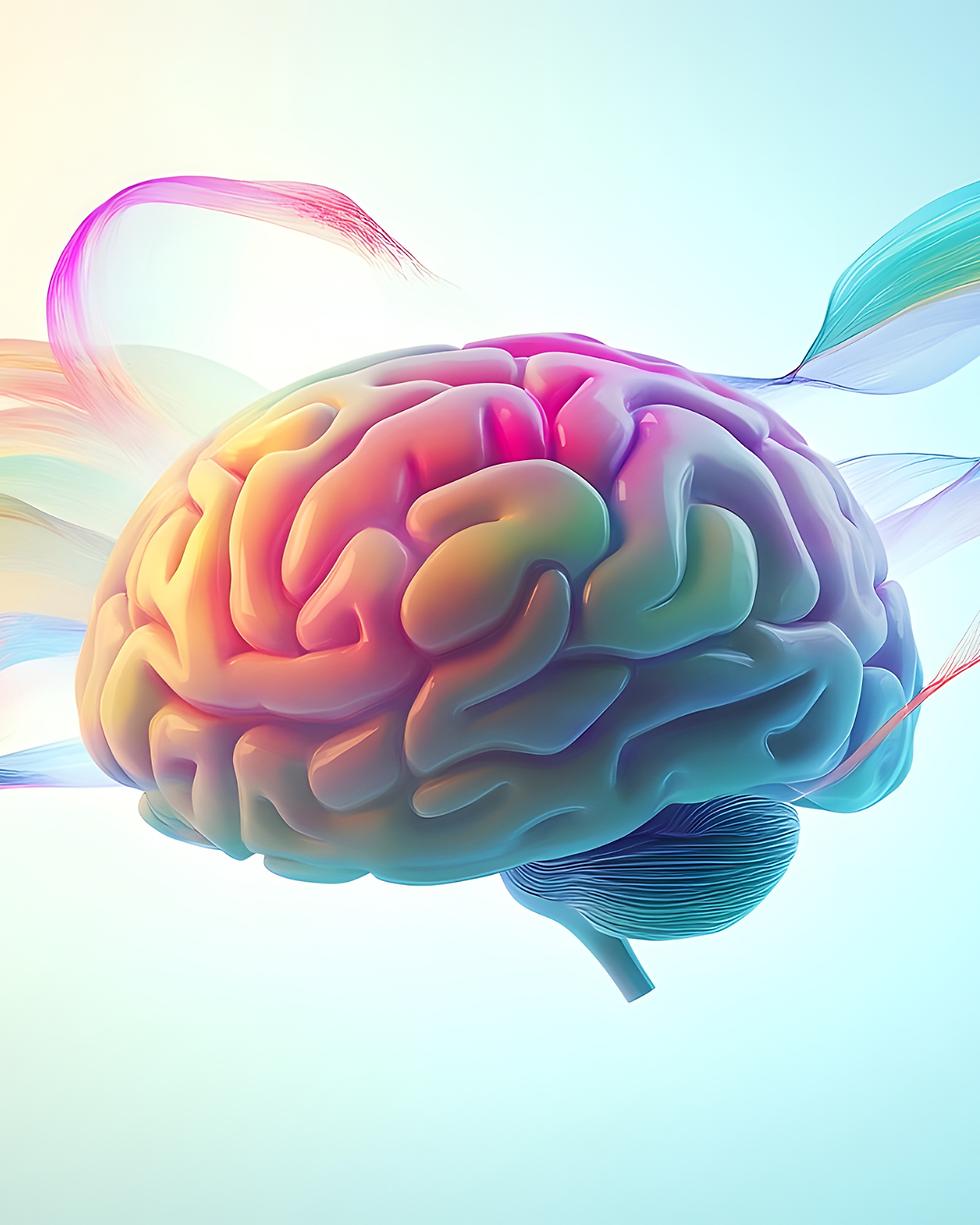 A 3D illustration of the human brain, colored in a variety of colors, relating directly to the text, which explains the neuroscience of calm and how overwhelmed moms can achieve it.