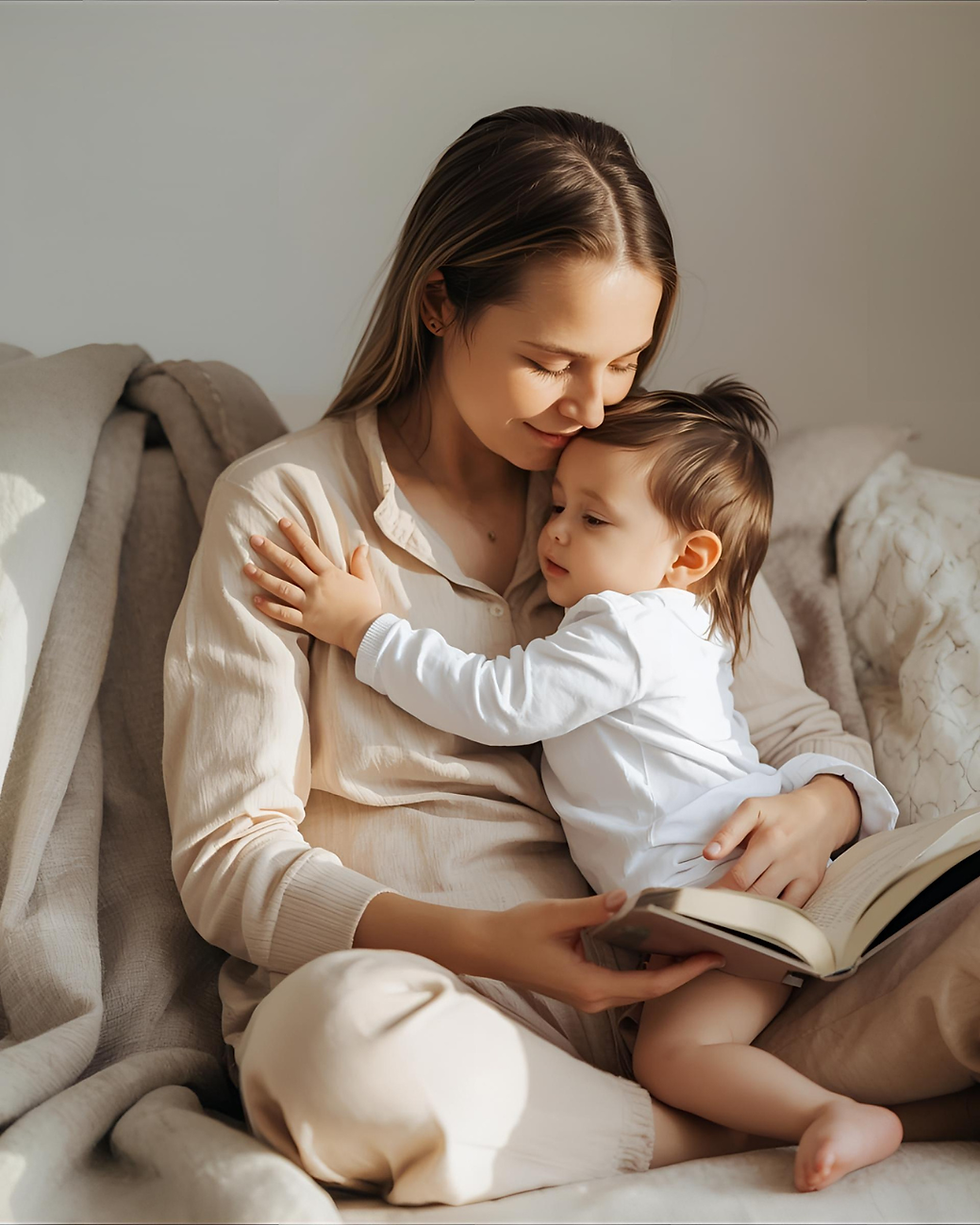 A mom sitting on a couch and holding her baby with a serene and happy expression, showing how the chaos of motherhood can be tamed using brain-friendly tactics.
