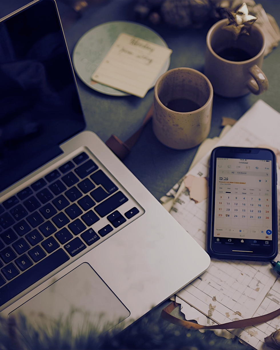 A messy table with a laptop, a couple of cups of coffee, a sticky note, and a phone opened to the calendar - representing how chaotic holiday planning can be with the use of technology.