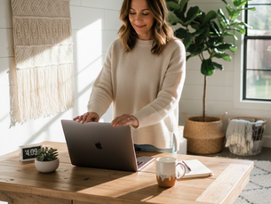 A woman standing in front of her desk in a tidy, minimalist room, smiling while she closes her laptop, a metaphor of how organizing your home reduces overthinking - shutting off overthinking.