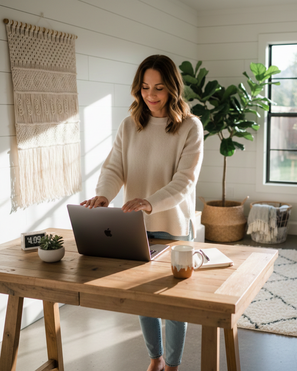 A woman standing in front of her desk in a tidy, minimalist room, smiling while she closes her laptop, a metaphor of how organizing your home reduces overthinking - shutting off overthinking.
