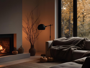 A cozy living room with a fireplace, warm lighting, and fall-colored furniture, with a window to the changing leaves outside.