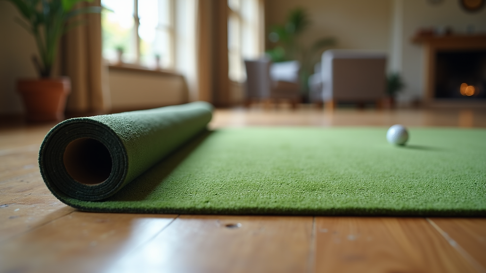 Eye-level view of indoor putting mat rolled out on wooden floor