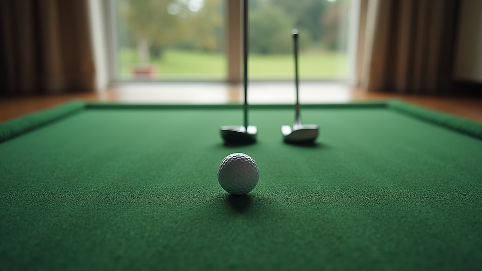 High angle view of indoor putting mat with golf ball and putter