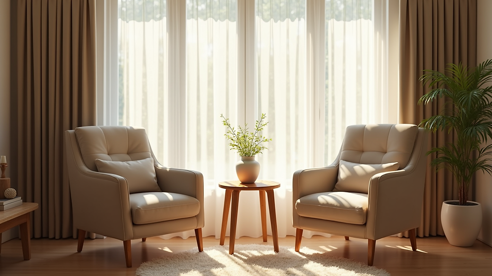 Eye-level view of a cozy therapy room with two chairs and a small table