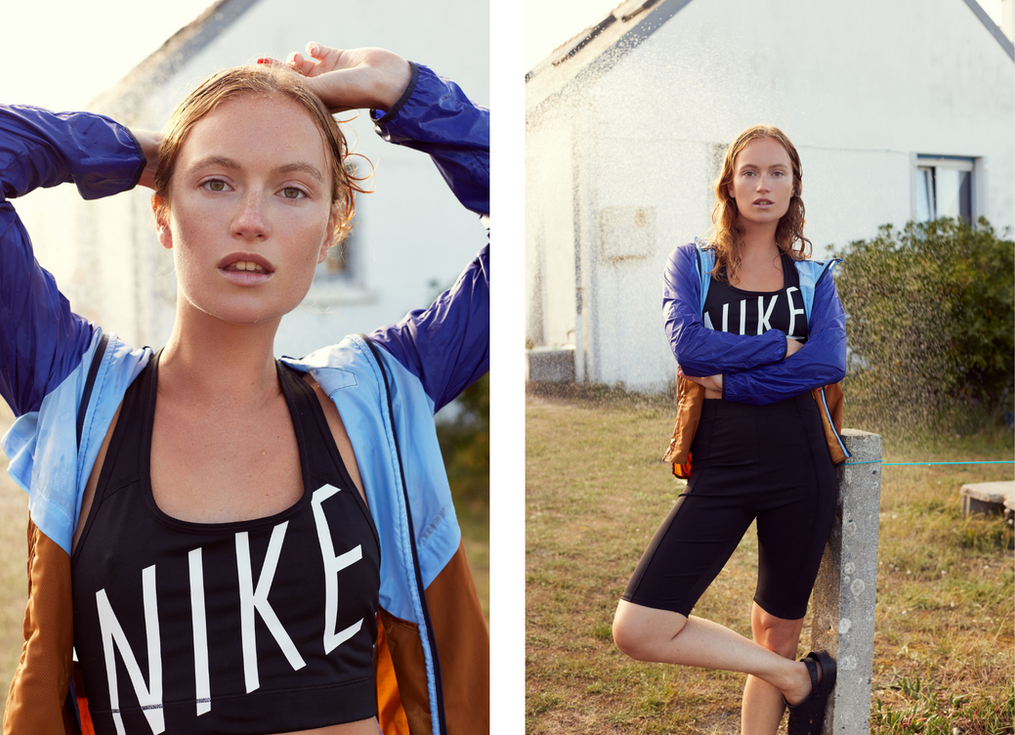 Éditorial sportswear Nike Trail, shooting extérieur lumière dorée en bord de mer — stylisme Laurane Croguennec