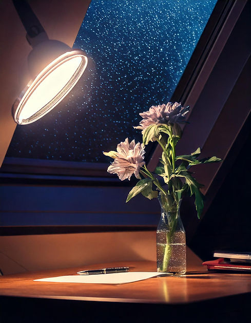 Firefly large writing table; pencil; pen; flower; lofi; modern; empty table top; cozy, cut