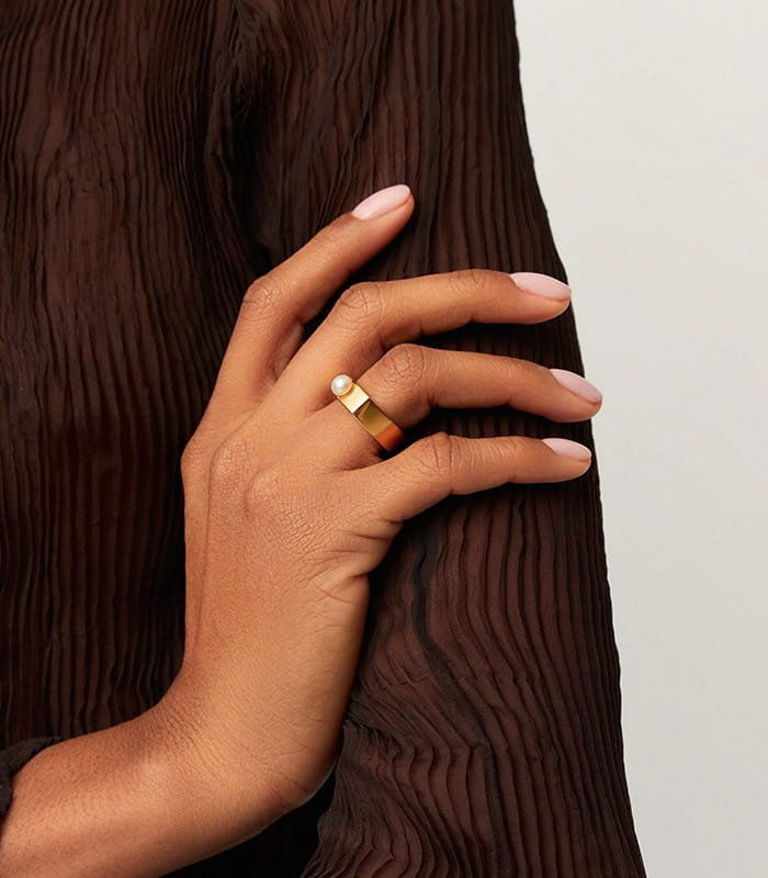 Button Pearl Square Chunky Ring