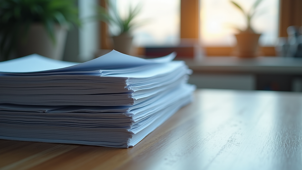 Close-up view of a stack of organized documents on a desk