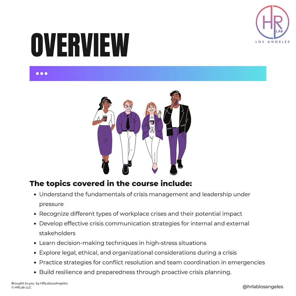 Overview. The topics covered in the course include: Understand the fundamentals of crisis management and leadership under pre
