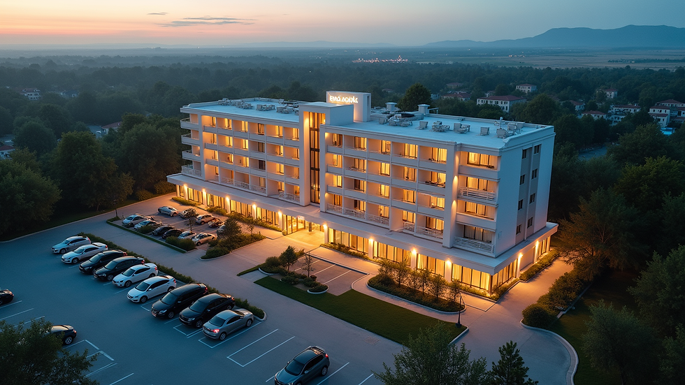 High angle view of a hotel exterior with 100 rooms and parking lot