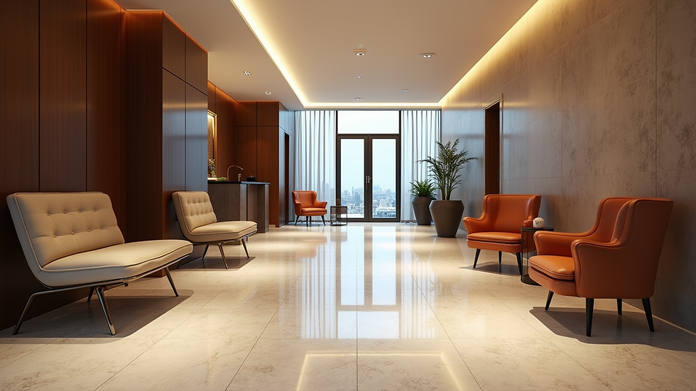 Eye-level view of a hotel lobby with modern design and seating