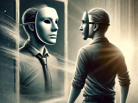 A person with a white mask looks into a mirror, seeing a masked reflection. Sunlight glows behind, creating a mysterious ambiance.