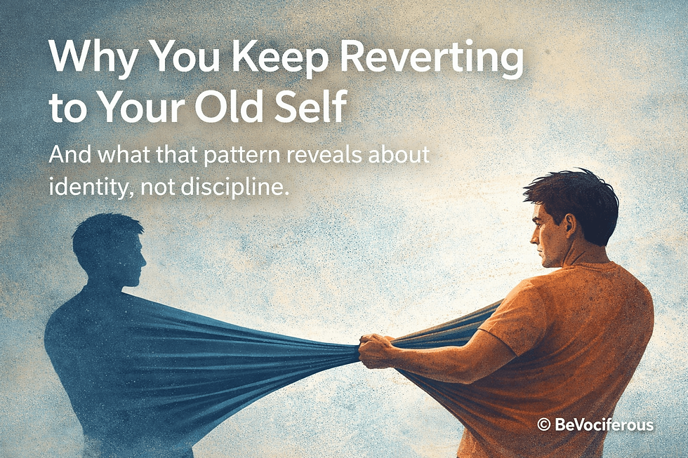 Man in orange shirt pulling away from blue silhouette of himself on textured background. Text: Why You Keep Reverting to Your Old Self.