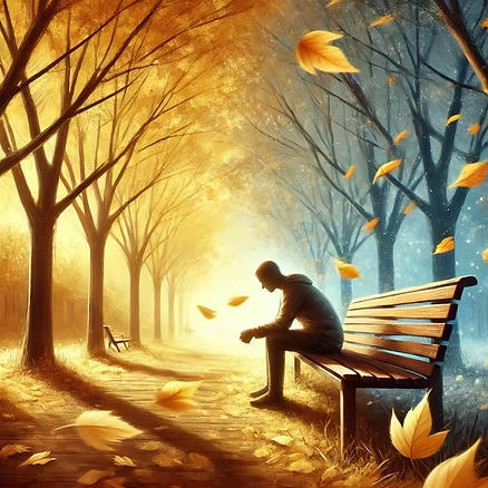 A person sits on a park bench alone, with falling autumn leaves. The scene is divided: left, warm and bright; right, cool and blue.
