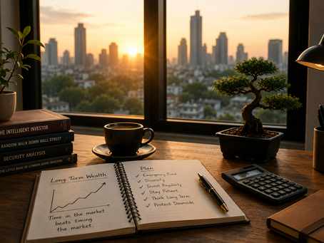 Minimalist investment workspace with financial journal, calculator, growing plant, and sunrise symbolizing smart investing advice and long-term wealth creation