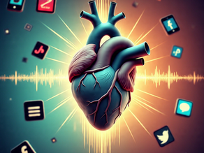 A glowing anatomical heart floats amid colorful social media icons on a gradient background, surrounded by soundwave-like lines.