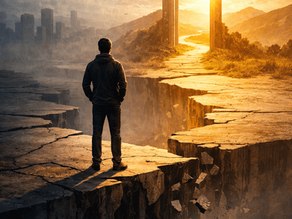 A person stands on a rocky cliff facing a glowing portal under a dramatic sky. The city skyline is visible on the horizon, creating a surreal, hopeful mood.