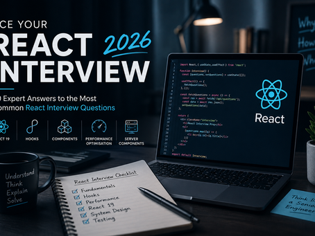 Desk workspace with laptop showing React code, checklist notebook, mug and sticky note; poster reads Ace Your React Interview 2026.