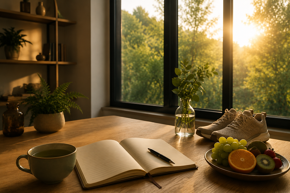 Morning wellness desk with journal, healthy breakfast and sunrise representing balanced dopamine and serotonin for mental well-being.