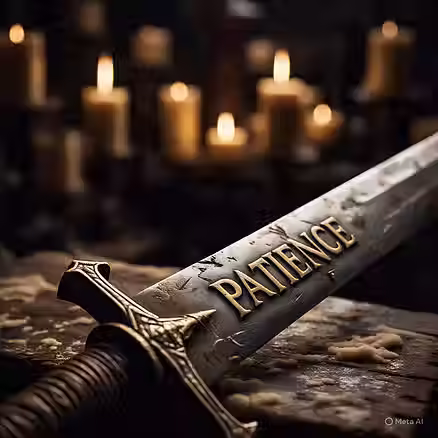 Close-up of a sword with "PATIENCE" engraved, surrounded by glowing candles in a dimly lit setting. The atmosphere is serene and contemplative.
