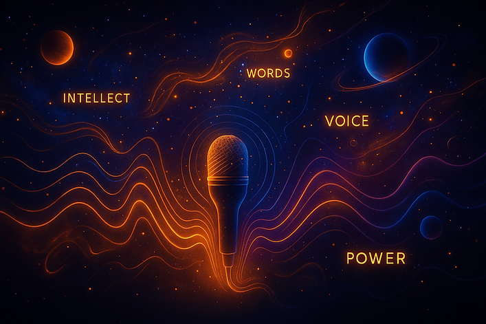 Abstract cosmic artwork with sound waves, planets, and glowing words flying outward — show