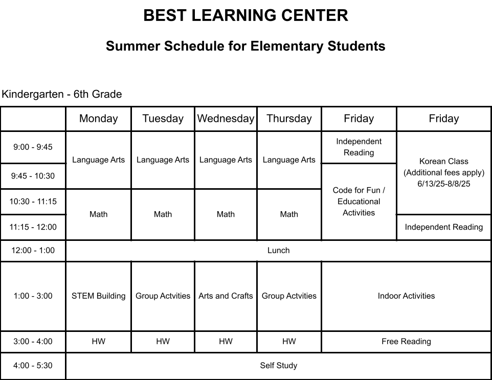 Elementary Summer Schedule