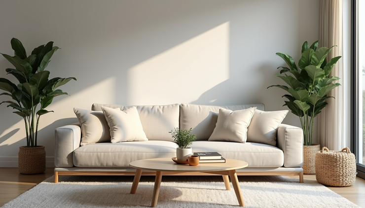 Eye-level view of a neatly arranged short term rental living room with essential furniture and decor