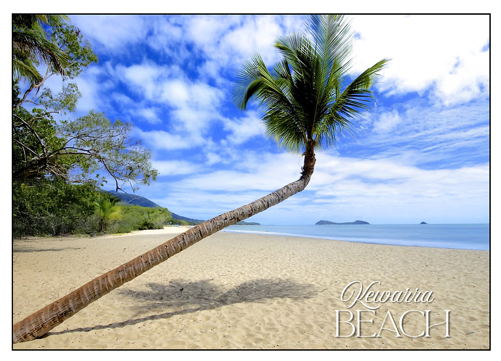 Sandy beach with a leaning palm tree, vibrant blue sky, ocean, and distant islands. Text reads "Kewarra Beach" in the foreground.