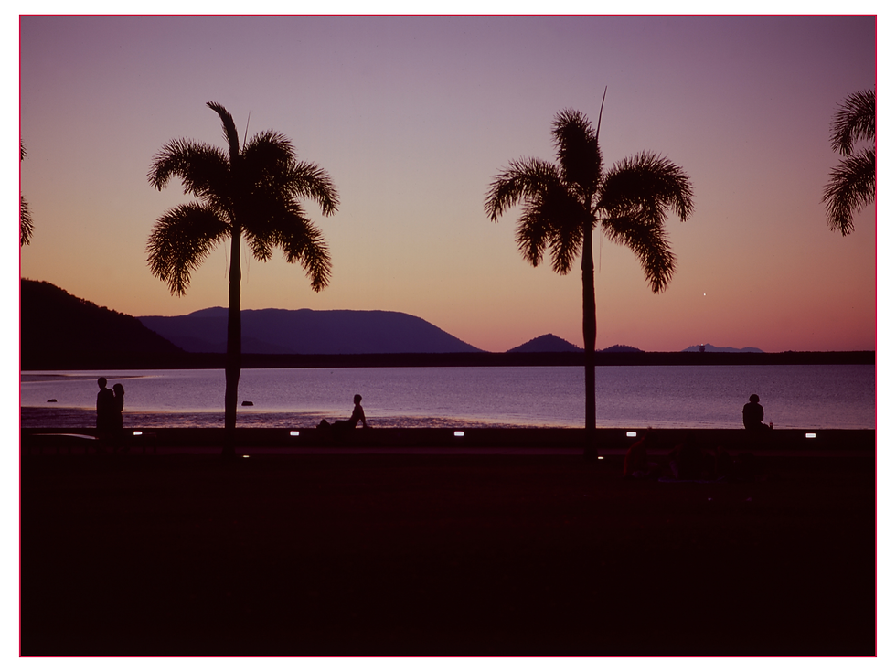 Silhouettes of people and palm trees against a purple-orange sunset by the water, with mountains in the background. Peaceful and serene image of the Cairns Esplanade at sunset.