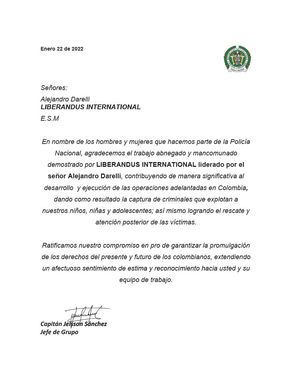 Letter of Appreciation from the Colombian National Police