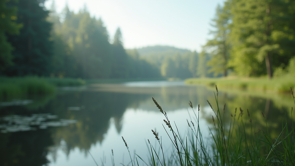 Close-up view of a serene nature scene with a calm lake