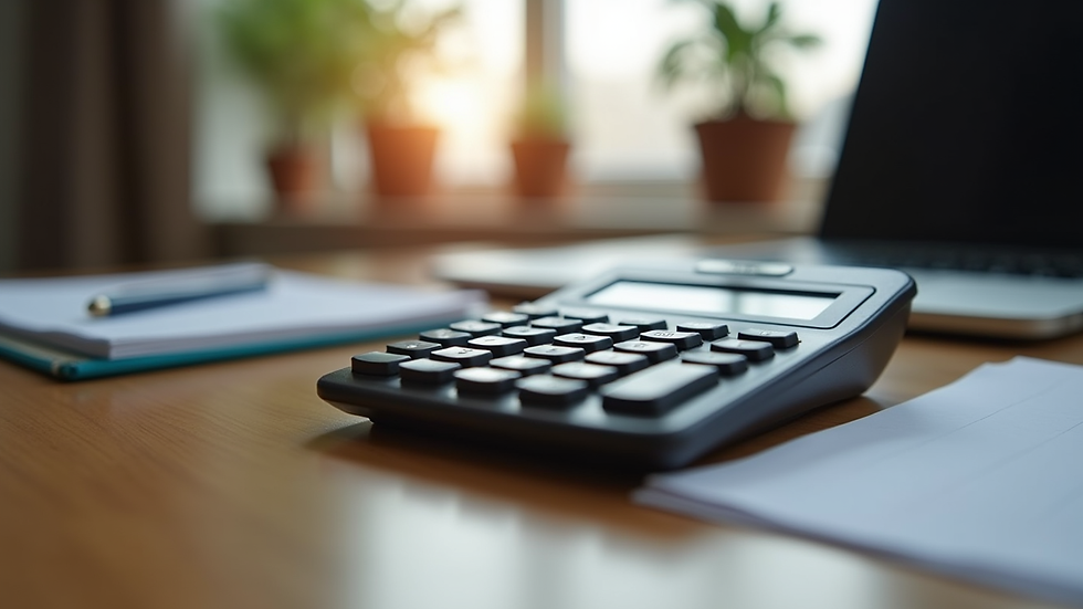 Eye-level view of a modern calculator on a wooden desk