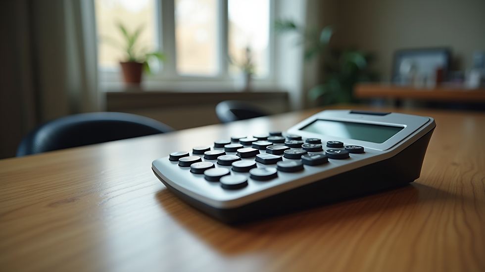Eye-level view of a calculator on a wooden table