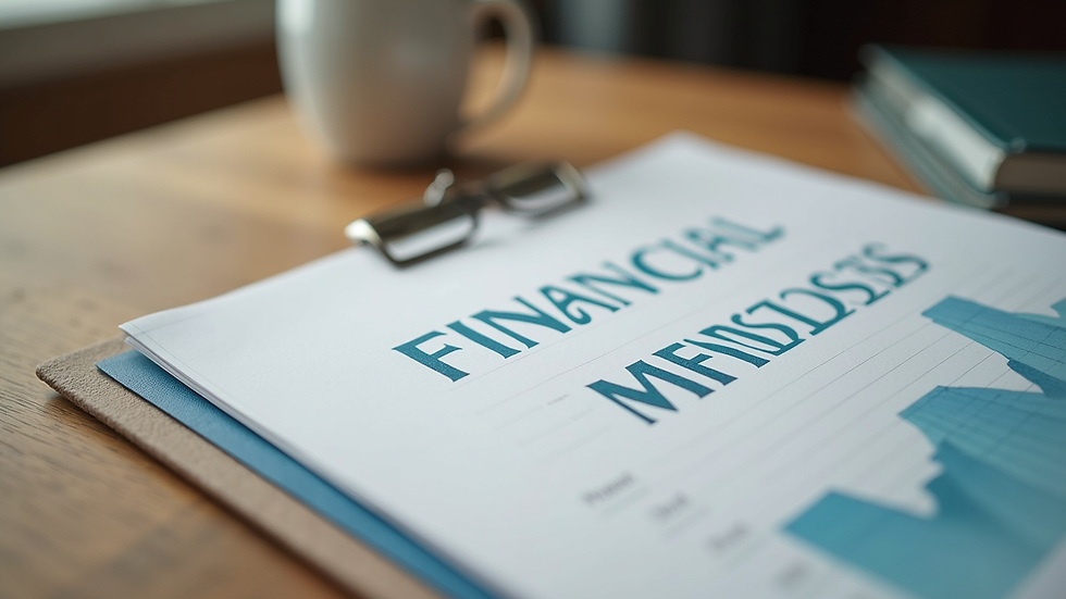 Eye-level view of a financial planning book on a wooden table