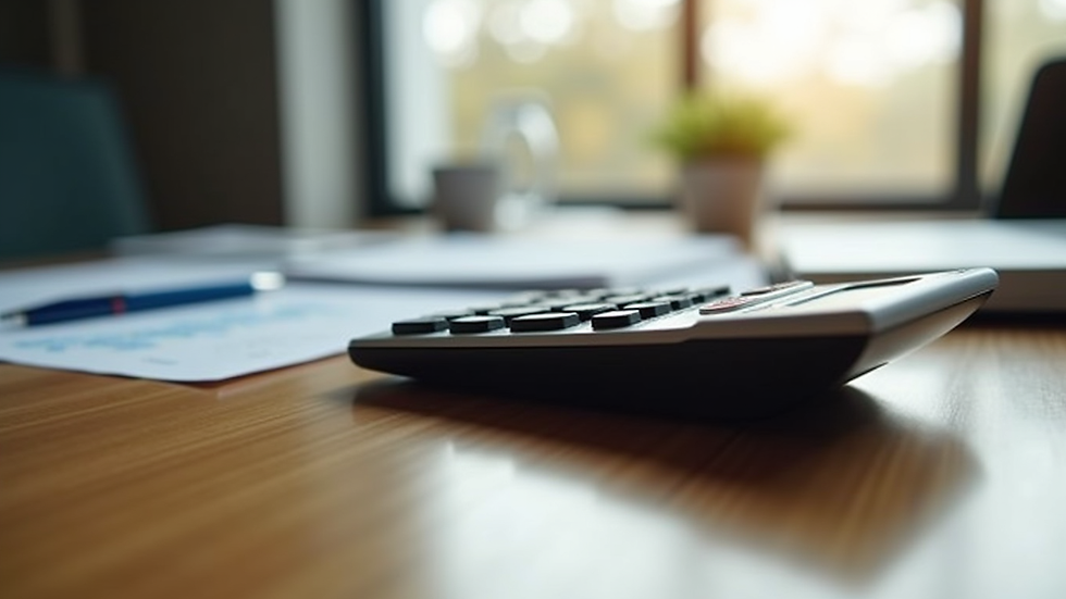 Eye-level view of a financial calculator on a wooden table