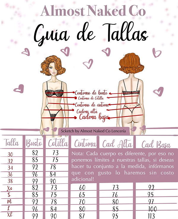 guia de tallas Almost Naked Co