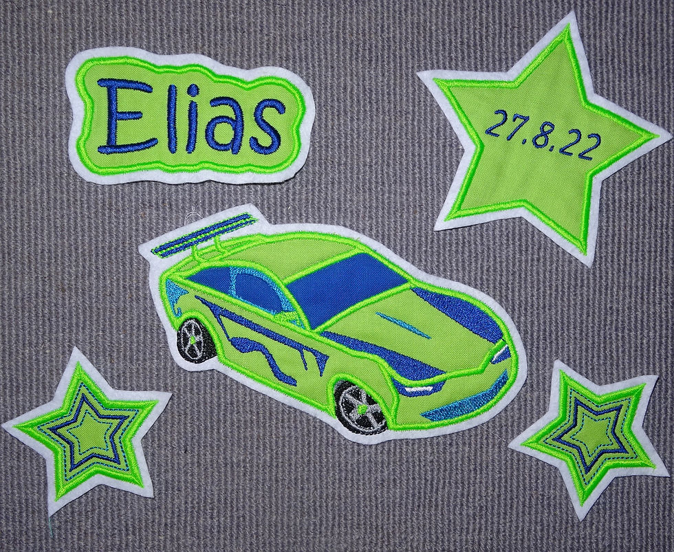 Applikation Set - Rennauto Namensbutton 3 Sterne Aufnäher in Wunschfarbe