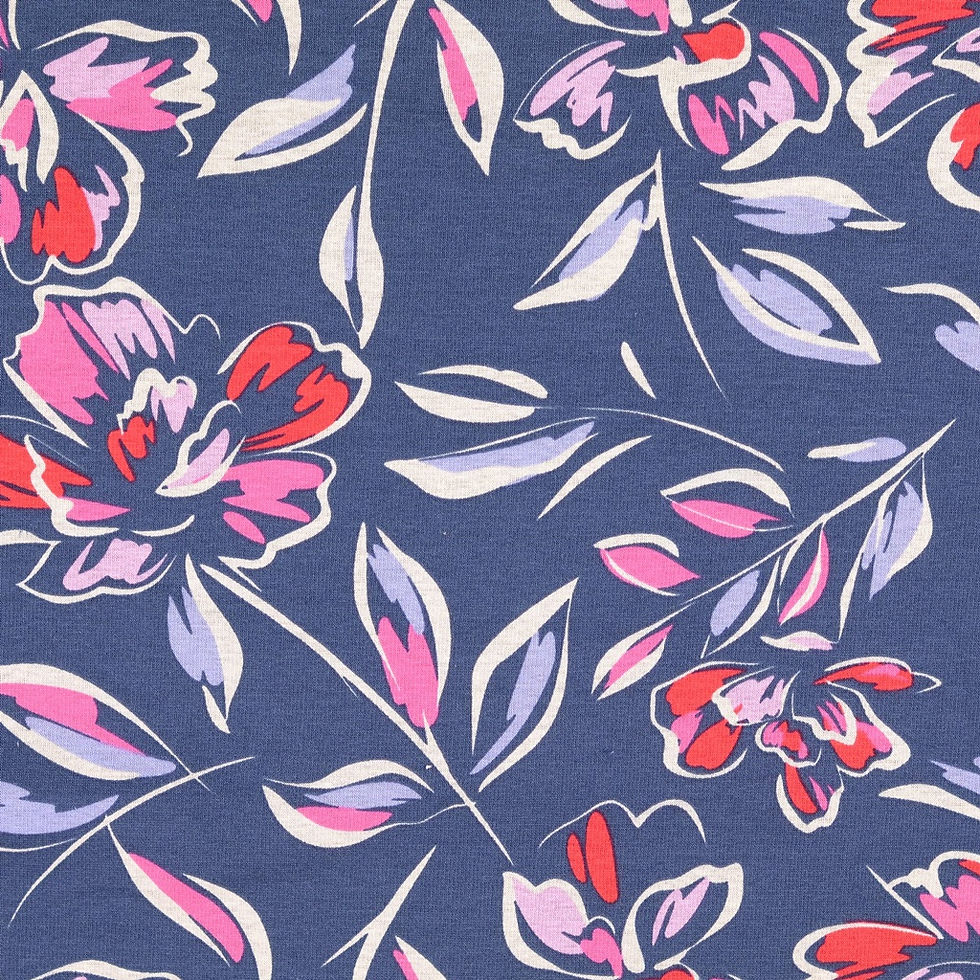 Miniaturbild: Alpenfleece - Blumen rosa rot auf jeansblau