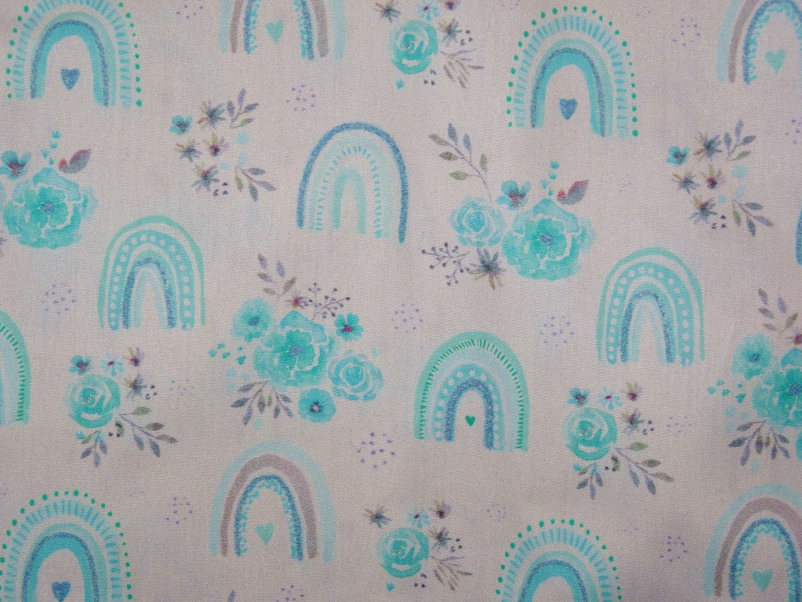 Baumwolle Webware - Regenbogen Boho Blumen blau türkis auf weiß grau
