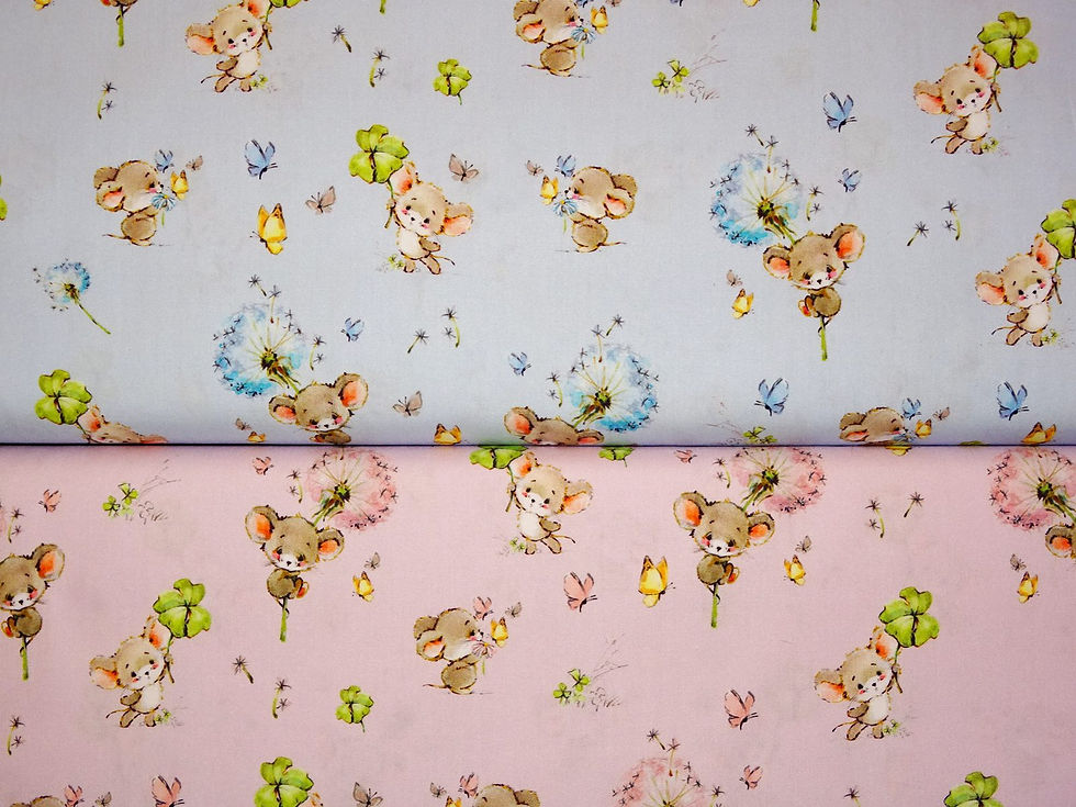 Miniaturbild: Webware Baumwolle -  Maus mit Pusteblume und Klee hellblau