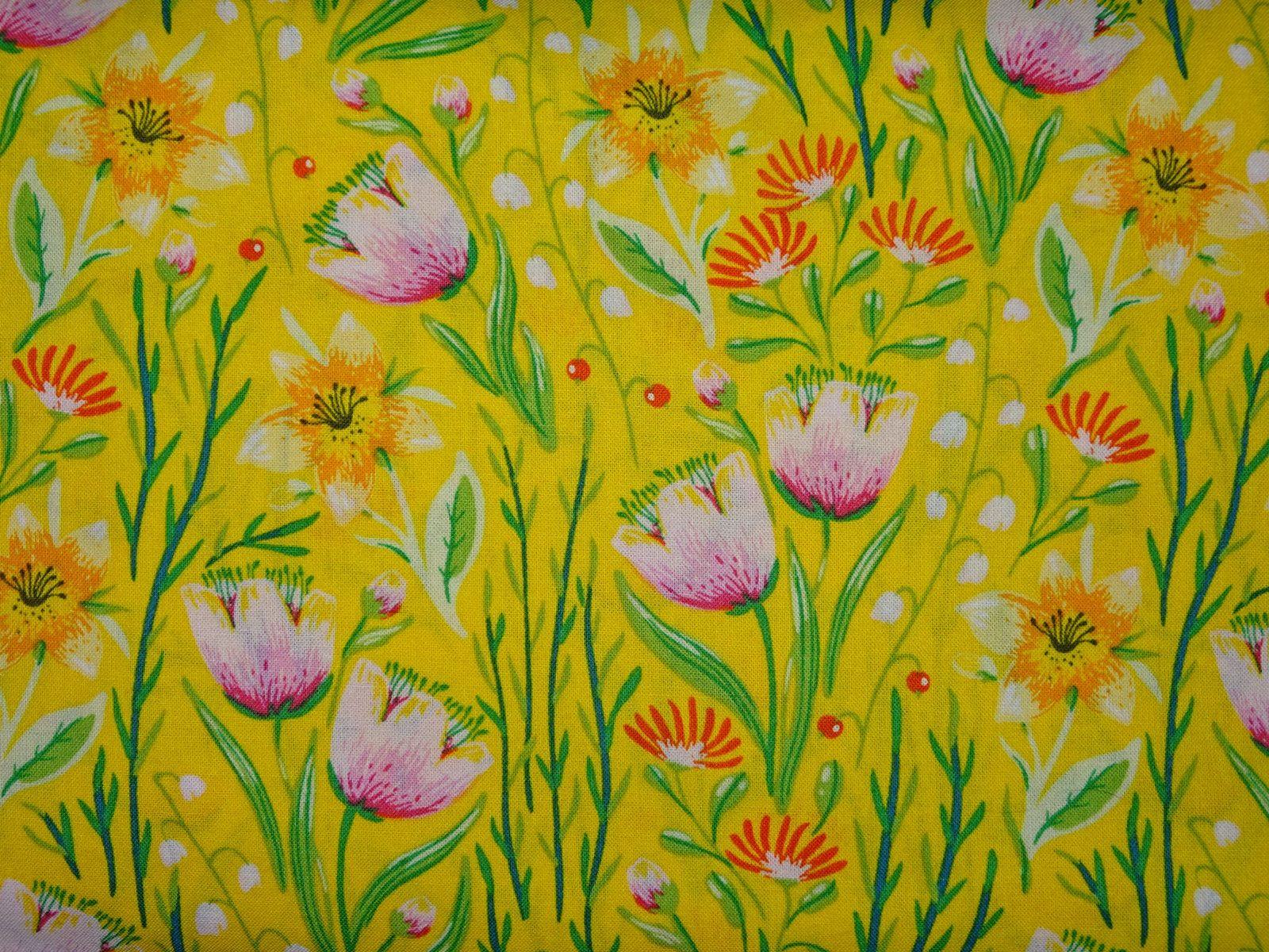 Baumwolle Webware - Ostern Blumen Wiese bunt auf gelb
