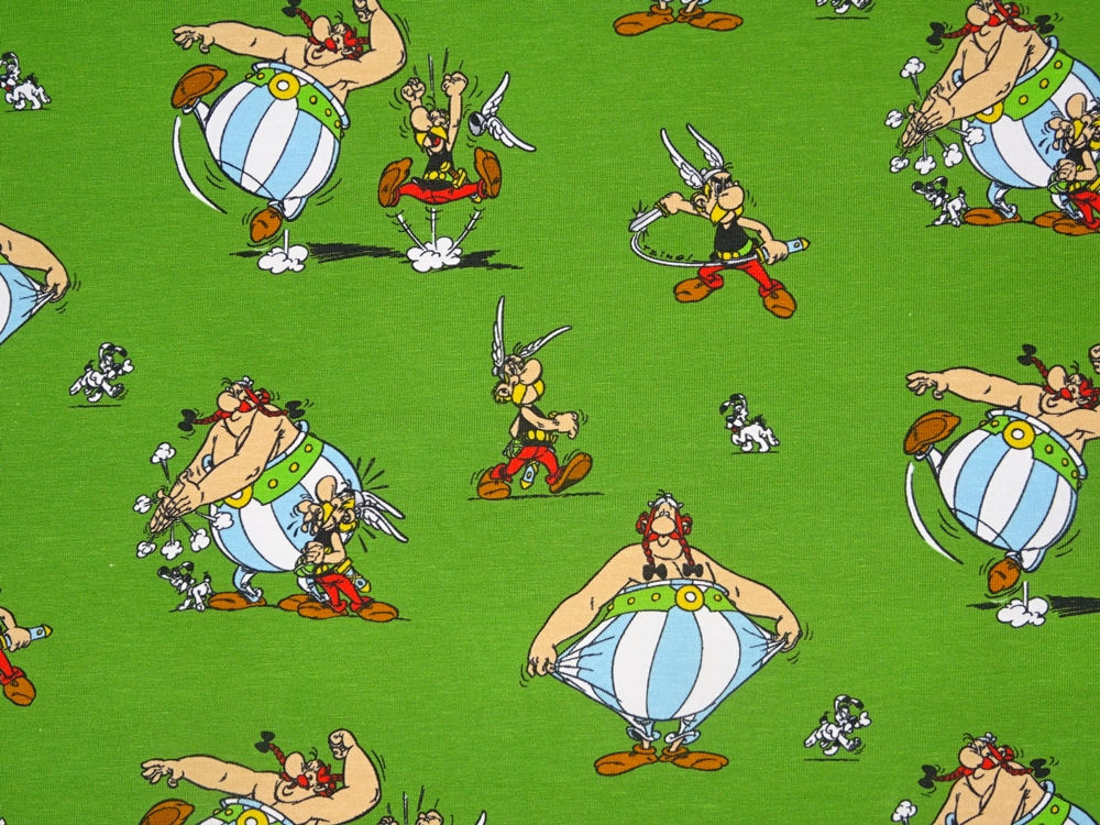 REST 95cm Jersey - Asterix und Obelix auf grün 2.Wahl Baumwolljersey