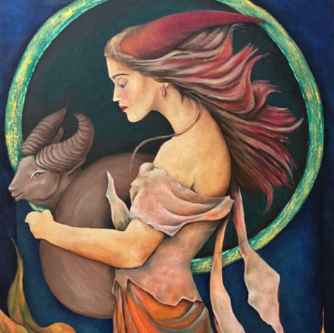 Derya Gül Koca – Koçun Kızı tablosu, kadın figürü ve koç ile güç ve zarafeti simgeleyen mitolojik resim.