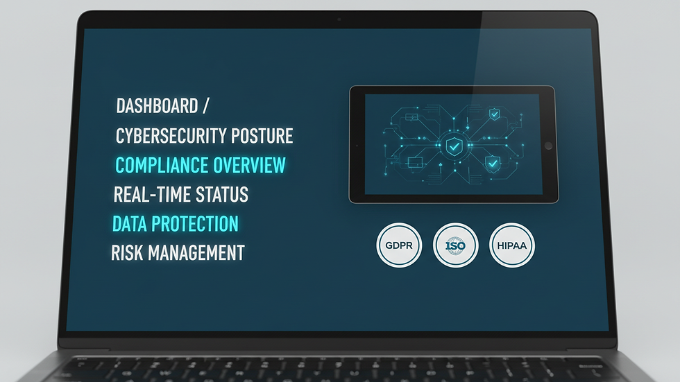 Eye-level view of a laptop screen showing cybersecurity compliance dashboard