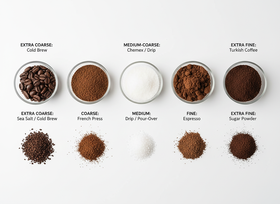 Complete coffee grind size chart from extra coarse to extra fine, comparing textures to common ingredients like sea salt, table salt, and flour. Match your grind size to your brewing method for optimal extraction.