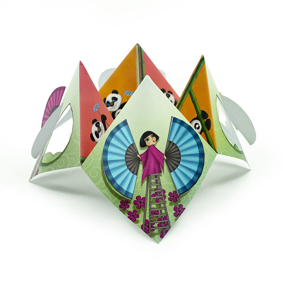 Miniatyrbild: Paper fortune teller with Geisha girls holding pop-up fans and cute pandas on the inside.