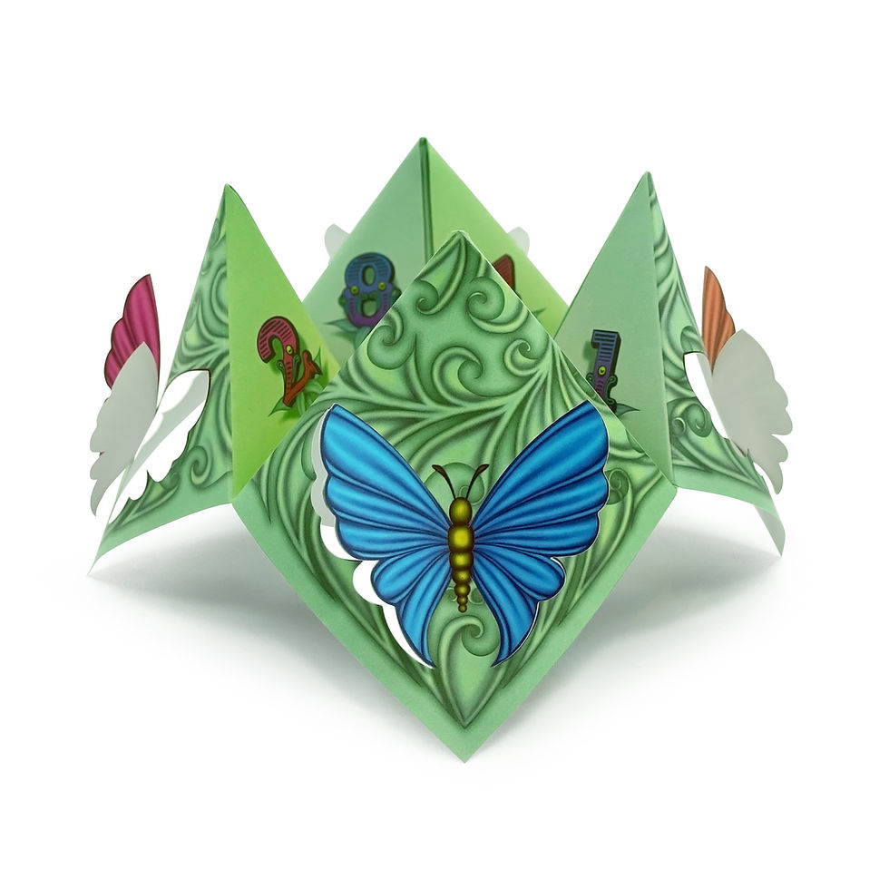 Miniatyrbild: Origami butterfly Cootie Catcher card with orange, pink, purple and blue butterflies with pop-up wings on each corner.